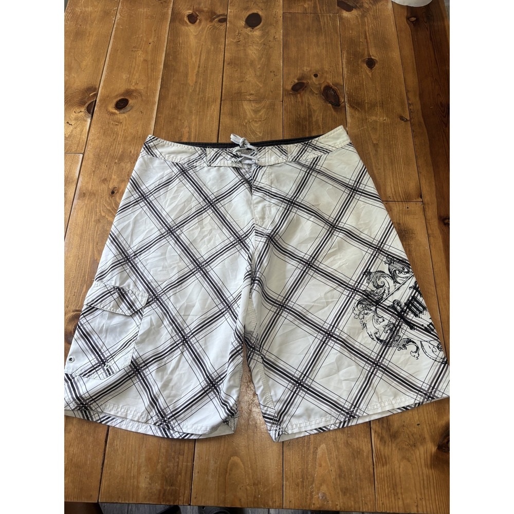 Men's White Plaid Board Shorts Swim Trunks Size 32 Drawstring Lace-Up Pockets
